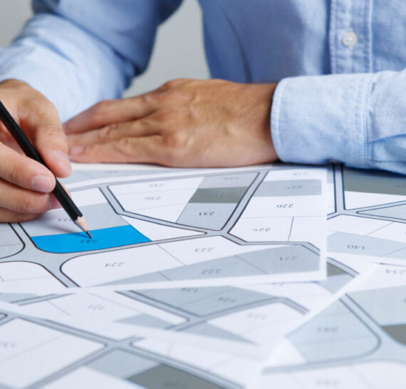 Man holding a pencil pointing to cadastral map to decide to buy land. real estate concept with vacant land for building construction and housing subdivision for sale, rent, buy, investment